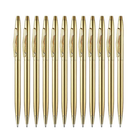 12 stk. Gull Slanke Kulepenner Svart Blekk 1 mm Medium Spiss Metalliske Uttrekkbare Penner For Studenter