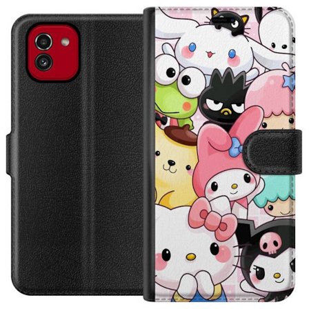 Kompatibelt Lommeboketui til Samsung Galaxy A03 Tett mønster av søte figurer med store øyne i ulike farger og uttrykk med LABUBU-tekst