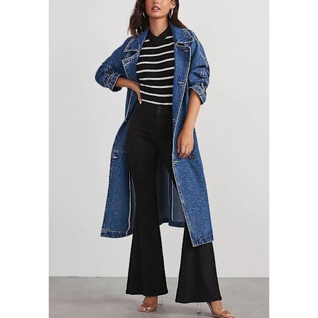 Vintage lang denimjakke til kvinder, løs pasform, dobbeltradet denimjakke, trenchcoat med bælte Denim Blue