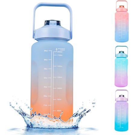 (blå) Sportsvannflaske 2 Liter BPA-fri vannflaske med tidsmarkering, Motiverende vannflaske med sugerør, Lekkasjesikker blå
