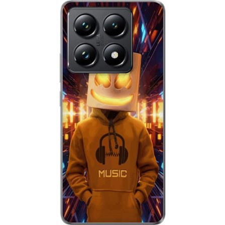 Yhteensopiva Puhelinkuori Xiaomi Xiaomi 14T DJ-hahmo valaisevassa kypärässä ja hupparissa futuristisessa musiikkiympäristössä neonvalojen keskel