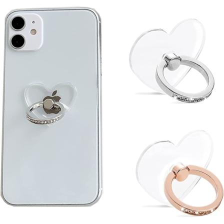 Mobiltelefon Ringholder - 2-pak, 360 graders rotation Hjerteform med diamant - Universal Telefonholder til Mobile Smartphones (Sølv + Rose)