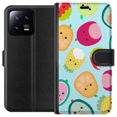 Kompatibelt Lommeboketui til Xiaomi 13 Mønster av kawaii-frukter som jordbær sitron ananas og avocado på lyseblå bakgrunn