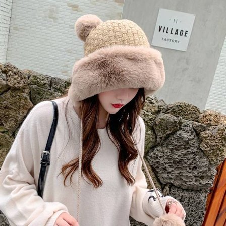 Faux Fur Beanies Hat Neulottu Cap KHAKI