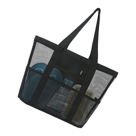 Rummelig net-strandtaske og indkøbstaske designet til familieudflugter og ferier