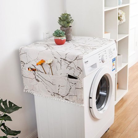 Vita universella tvättmaskin och torktumlare överdrag, bomull kylskåp dammskydd, tvättmaskin överdrag med 6 förvaringsfickor, kök badrumsdekor
