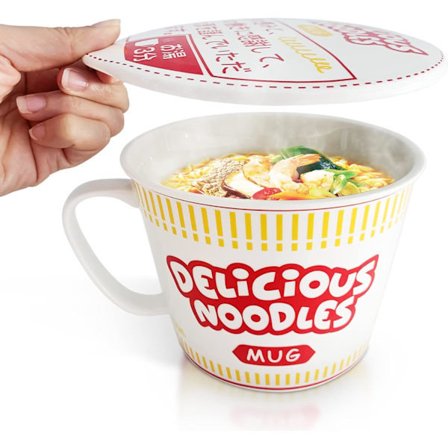 Porselenskopp for instantnudler med håndtak 1000 ml - En original 14 cm X 11 cm ramenskål med lokk (Rød)