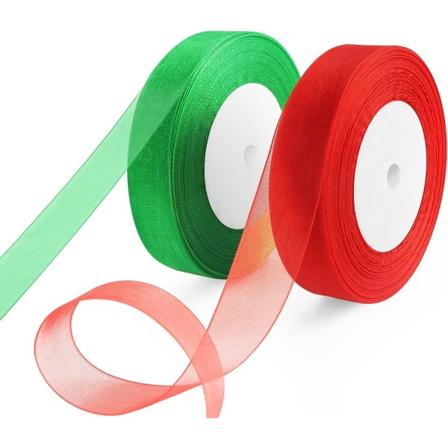 2 ruller med julebånd, rødt og grønt organza-bånd, 20 mm x