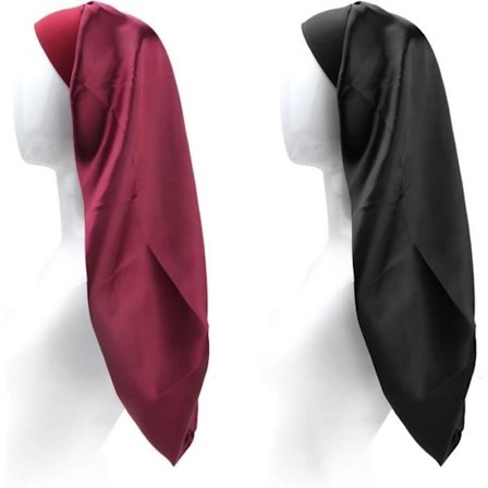 2-delt satinhårhætte, lang satinhårplejehætte, silkesovehætte, satinnattehue (sort, rød)