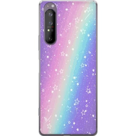 Kompatibel Mobilcover til Sony Xperia 1 II Rainbow-farvet pastelbaggrund med hvide stjerner og glitrende prikker i blød overgang