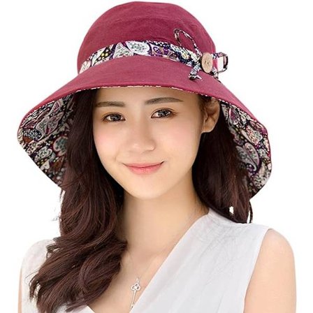 Dam trädgårdsmössa, båda sidor kan bäras, hopfällbar bred brätte sommar dam solhatt solskydd utflykter solskydd, vinröd