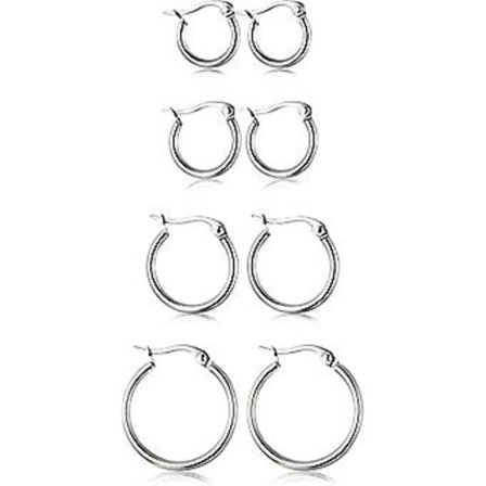 4 par rustfri stål creoler sæt søde huggie øreringe til kvinder, 10 mm-20 mm sølv (sølv)