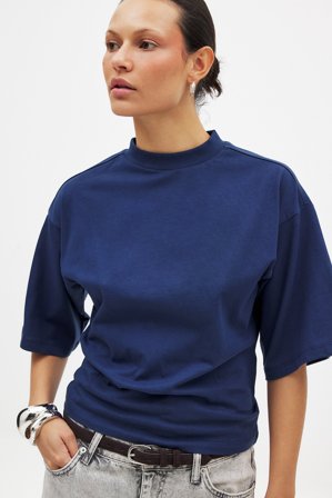 NA-KD Funnel Neck Shaped Cotton T-shirt - T-shirts - Navy - XL (EU 46)