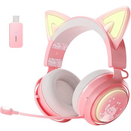 GS510 Kattöron Headset Trådlöst Gaming Headset för PS5/ PS4/ PC, Rosa Headset 2.4G med Retractable Mic, 7.1 Stereo Ljud, 8 Timmars Spela