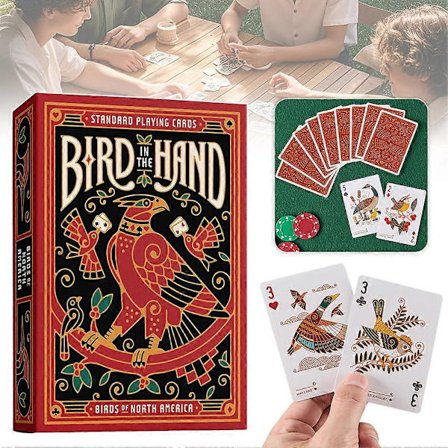 Fugle i hænderne-tema spillekort Unikke fugle på hvert kort i spillet Premium illustreret spil til sjov læring for hele familien