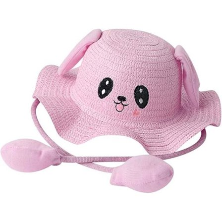 Solhatt med sugerør for barn, jenter, pustende, bred skygge, sommer, bøttehatt med hoppende kaninører, solbeskyttelse, strandhatt Rosa