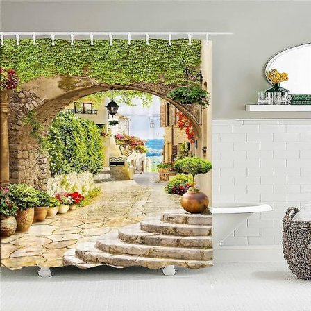 90x180cm Idyllisk trädgårdsutsikt Duschdraperi Badrumsdekoration 3d Tyg Duschdraperi Med Haka Vattentät Duschskärm