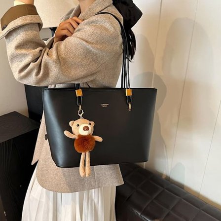 Svart damehåndveske, skinn shopper bag for damer, stor skolesekk for kontor, skole og shopping_TF_TF