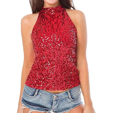 Kvinnors Sequin Tank Top Glitter Iögonfallande Slim Fits Ärmlös Halterneck Väst
