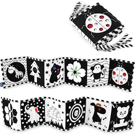 Svart-hvitt babybok, baby klutbok barns pedagogiske