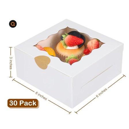 30 Vita Fönster Bagerilådor, 15 x 15 x 7,6 cm, Vita Kartong Dessertlådor för Kex, Bakverk, Kakor, Jordgubbar, Macarons