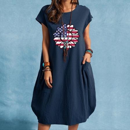 Usa Flag Printed Summer Dress Dam Casual Kortärmad Rund N