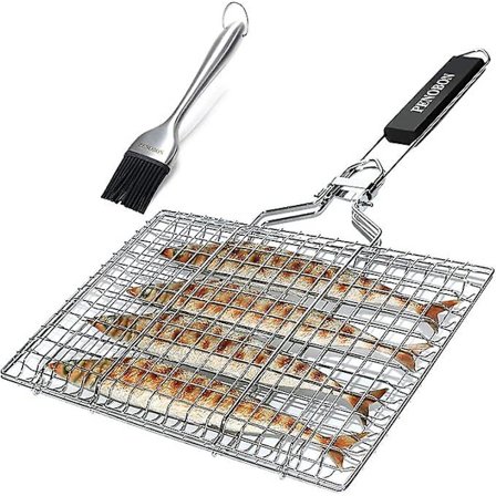 Fiskeristativ til Grill, Foldbar Bærbar Grillkurv i Rustfrit Stål til Fisk, Grøntsager, Rejer med Aftageligt Håndtag, Leveres med Penslingssvamp og