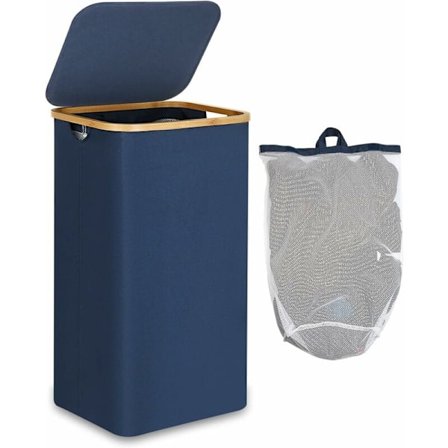 Skittentøyskurv med lokk, sammenleggbar klesvaskkurv, 100L stor XL skittentøyskurv med bambushåndtak for klær, klesvaskkurv, blå KLB