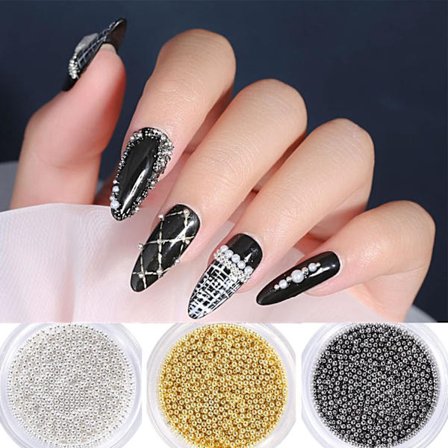 3 bokser kaviar, gull, sølv og svart metall mini kaviarperler med streng spikerdekorasjoner, 3D-neglekunst dekorative negletilbehør