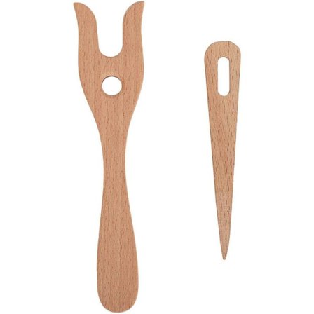 Stickningsgaffelset, trästickningsgaffel och virknål med stort öga