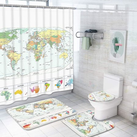 Set med 4 duschdraperier med världskarta, halkfri matta, badmatta, duschdraperier med världens geografi med 12 krokar, vattentätt tyg