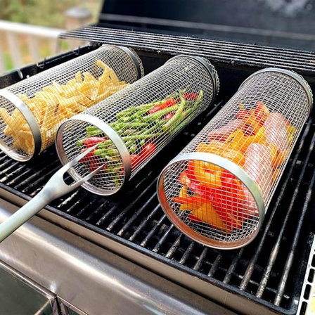 Rullende BBQ-grillkurv, Bærbar BBQ-grillkurv til grøntsager Udendørs BBQ-tilbehør BBQ-grill Rundt grillstativ til grøntsager, pommes frites