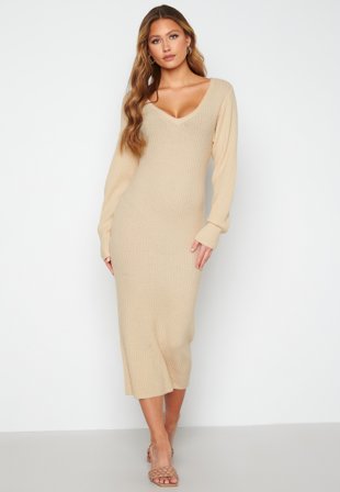BUBBLEROOM Rosanna knitted puff sleeve dress Light beige Klær