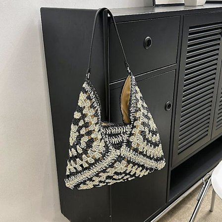 Käsilaukku Kesä Naiset Kutoa Olki Tote Laukku Matkustaa Suuret Ranta Laukut Käsityön Lady Suuri Kapasiteetti Käsilaukku(34cmx35cmx1cm,musta)