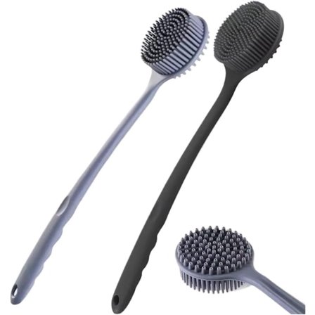 Blød silikone ryg børste til bad, brusebad og kropsskrub med håndtag, eksfolierende skrub, kropspleje, massage og badeprodukter (langt håndtag, sort