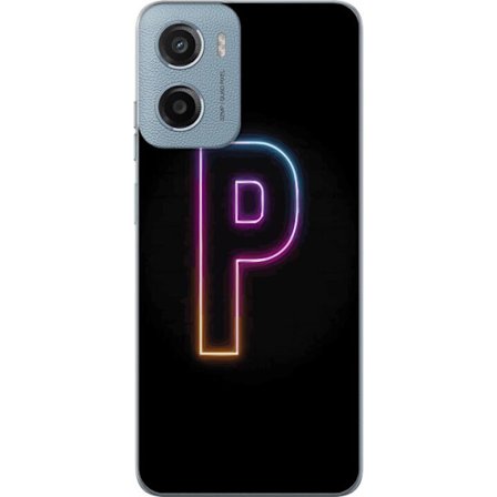 Kompatibel Mobilcover til Motorola Motorola Moto G05 Minimalistisk neonbogstav P i farvegradient og lyseffekt mod sort baggrund i digital neonstil
