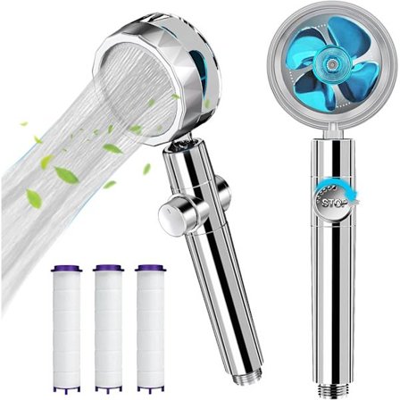 Högtryck Duschhuvud med 360 Graders Roterande Turbo Fläkt Hydrojet Duschhuvud med 3 Turboladdade Filter Blå