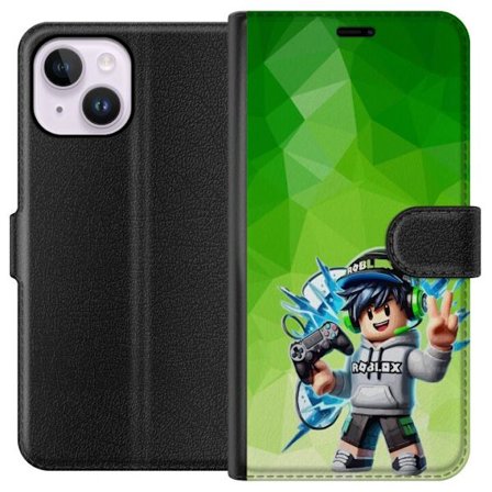 Kompatibelt Lommeboketui til Apple iPhone 15 Plus Roblox-inspirert gamerfigur med headset, håndkontroll og energiske effekter mot grønn bakgrunn
