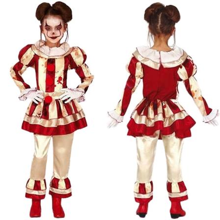 Kids Cosplay Girls Dress Horror Clown Collar Halloween Cardinal Party Kostumer L