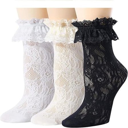 Blondestrømper med flæser til kvinder, blondestrømper, ankelhøje