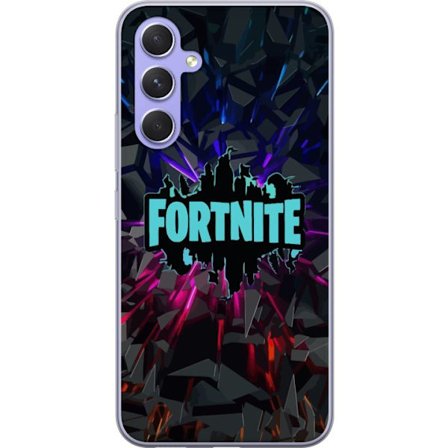 Kompatibel Mobilcover til Samsung Samsung Galaxy A54 Fortnite logo - Sort baggrund med blå neon og farvede lys