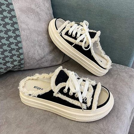 Dame Lærred Flade Hjemmesko 2023 Nye Dame Snørebånd Casual Sko Kvinde Mode Platform Hjemmesko Dame Denim Strand Åben Tå Sandaler