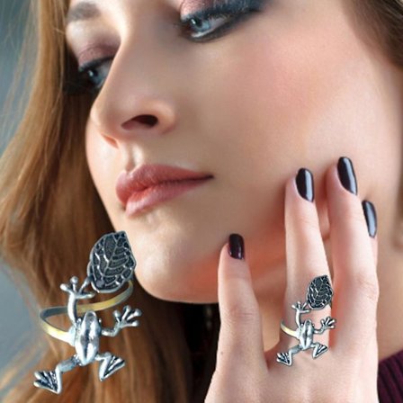 Vintage Silver Hand Smycken Kvinna Öppen Söt Djur Blad Ring