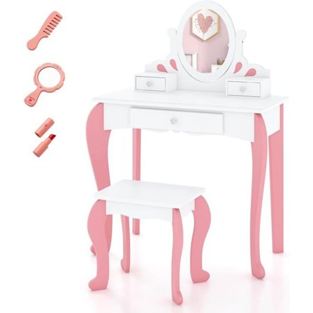 COSTWAY Princess Style børne-sminkebord med skammel med aftageligt 360° drejeligt spejl og 3 skuffer hvid