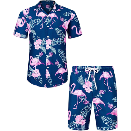 Herre Hawaiian skjorte og shorts sæt Regular Fit kortærmet casual funky strand flamingo skjorte sæt L