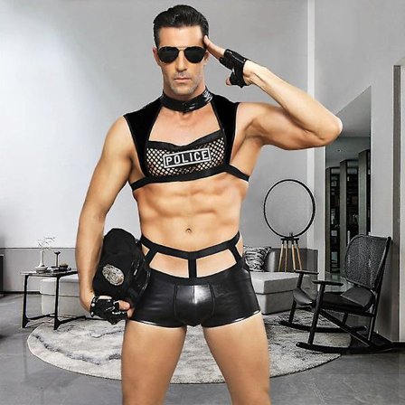 Mäns Kostym Sexig Cosplay Kul Manlig Polis Roll Kostym Sexig Faux Läder Herrkläder Uniform, Frestande