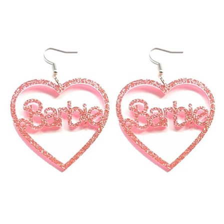 Barbie Pink Hjerte Øreringe Glitter Akryl Hjerteformede Bogstaver Hule Øreringe Moderne Barbiestyle Øreringe
