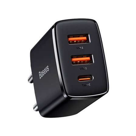 Baseus Væglader 2xUSB, 1XUSB-C 30W 3A - Sort