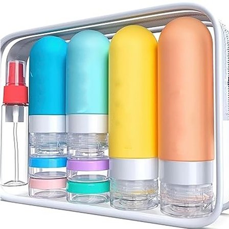 Reiseflaskesett i silikon, allsidig væskeoppbevaring, sølesikker, tilbehør til treningsstudio og dusj, campingtoalettmappe