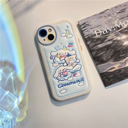 iPhone 14 Pro -kotelo, nahkaa, sininen tausta, pilvi, kaneli, koira, sarjakuva, Sanrio, putoamista estävä, söpö, Korea